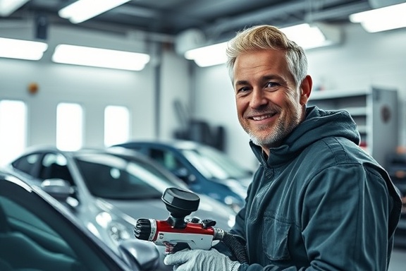 automobile restoration bay, proud expression, using a paint sprayer, photorealistic, in a booth with extraction fans, highly detailed, mist from the sprayer catching light, Nikon Z7 II, pastel tones, soft even lighting, shot with a 105mm lens