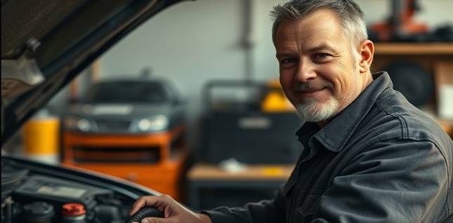 Photorealistic auto repair scene with a mechanic changing car oil, earthy colors.