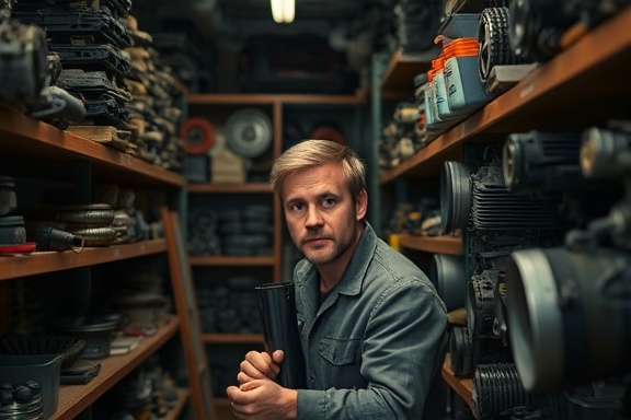 cluttered auto workshop, curious expression, organizing spare parts, photorealistic, around shelves stacked high with components, highly detailed, faint smell of engine oil in air, Panasonic Lumix GH5, muted colors, focused spot lighting, shot with a 12mm lens
