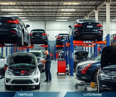 bustling auto garage, busy expression, mechanics working on cars, photorealistic, spacious workshop with cars lifted on hydraulics, highly detailed, tools clinking, depth of field, steel grey, diffuse sunlight, shot with a 85mm lens.