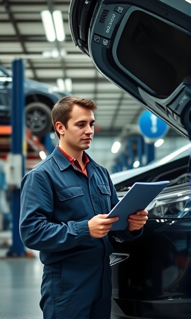 young technician, attentive, conducting a vehicle checklist, photorealistic, in an organized and tidy inspection garage with visible car lifts, highly detailed, moving to check under a car hood, crisp focus, rich shadows, shot with a 35mm lens