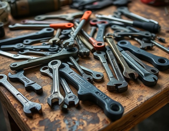 assorted auto tools, scattered expression, lying on workbench, photorealistic, scattered on a wooden bench with oil stains, highly detailed, hints of rust, precision focus, charcoal grey, focused lighting, shot with a 24mm lens.