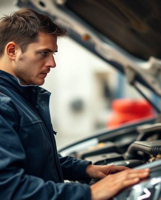 Focused auto mechanic inspecting the car engine under the hood.