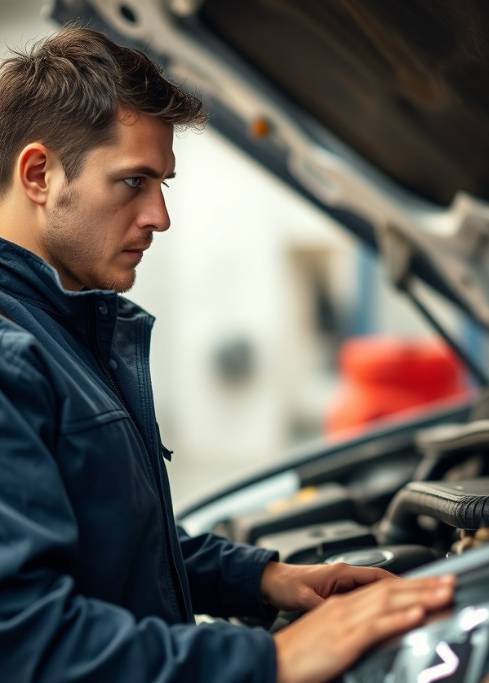 Focused auto mechanic inspecting the car engine under the hood.