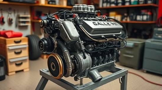 close-up auto engine, intricate expression, meticulously restored, photorealistic, resting on a metal stand in an organized garage, highly detailed, wires and hoses arrayed, macro focus, gunmetal silver, dramatic spotlighting, shot with a 100mm macro lens.