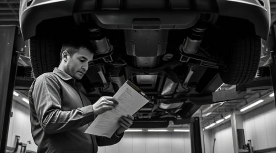 automotive specialist, methodical, inspecting a car's undercarriage using a checklist, photorealistic, in a well-equipped inspection station with hydraulic lifts, highly detailed, suspended dust particles visible, monochrome setting accentuation, muted spotlights, shot with a 105mm lens