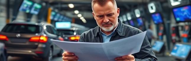 veteran engineer, analytical, writing findings on an inspection report, photorealistic, in a busy vehicle testing facility with digital displays, highly detailed, pages fluttering with slight air movement, vibrant contrast, evening ambient light, shot with a 24mm lens