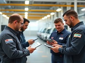 team of evaluators, systematic, reviewing a vehicle checklist, photorealistic, in a modern inspection garage filled with advanced equipment, highly detailed, digital tablets in use, balanced highlights, fluorescent lighting, shot with a 50mm macro lens