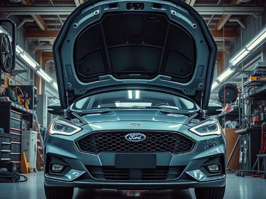 Photorealistic view of a modern garage, inspecting a Ford car under the hood with advanced tools.