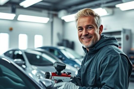 automobile restoration bay, proud expression, using a paint sprayer, photorealistic, in a booth with extraction fans, highly detailed, mist from the sprayer catching light, Nikon Z7 II, pastel tones, soft even lighting, shot with a 105mm lens