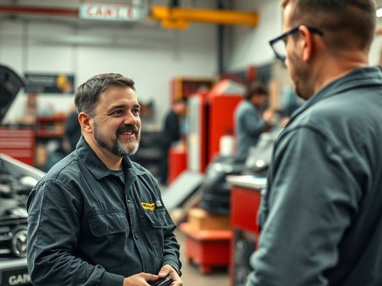 Friendly mechanic discusses repairs with a customer in a busy workshop.